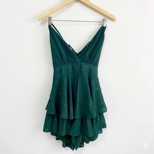 Hello Molly Sleeveless Emerald Green Ruffle Romper with V-Neck